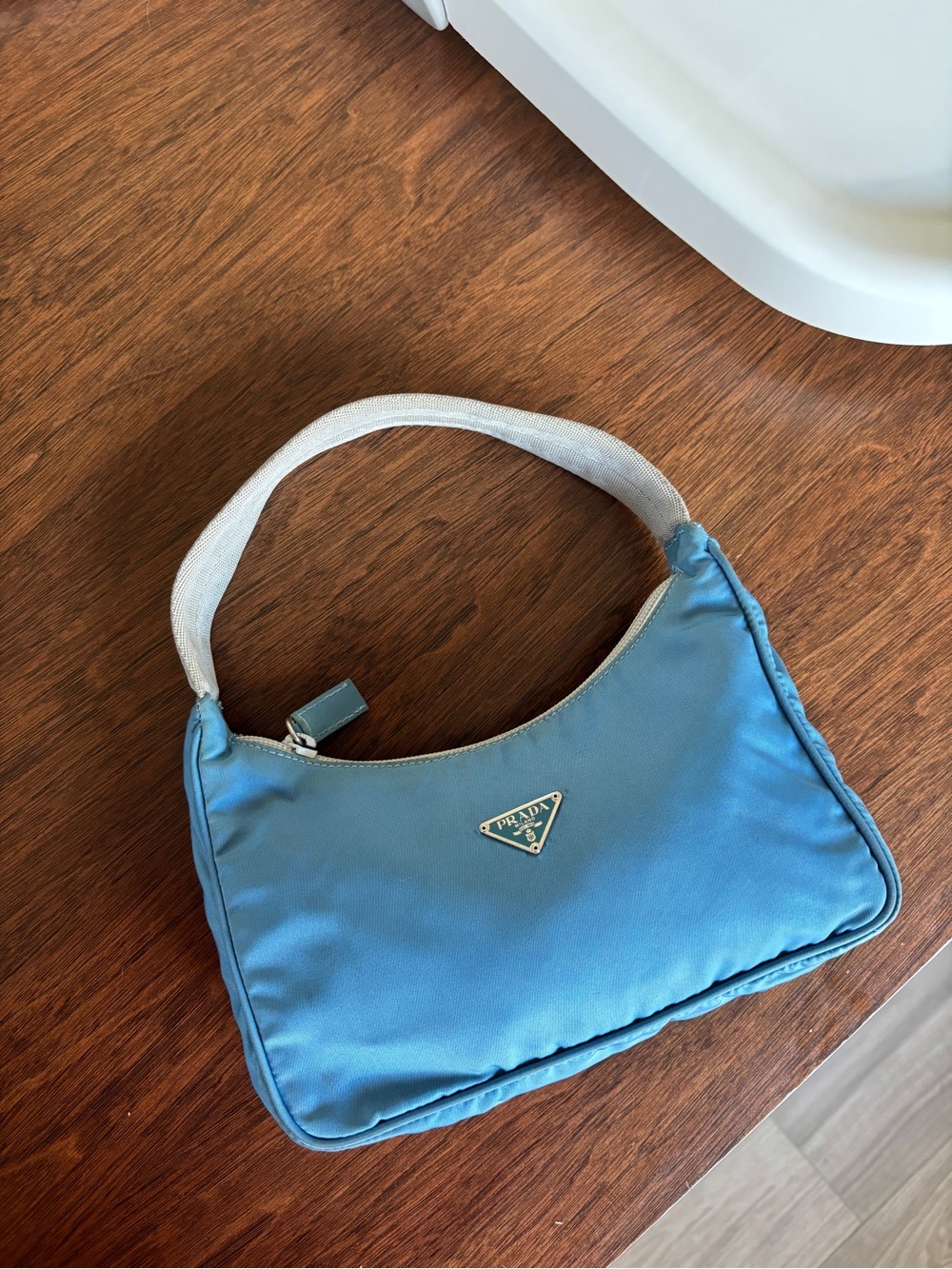 Prada Blue Nylon Shoulder Bag with Cream Strap